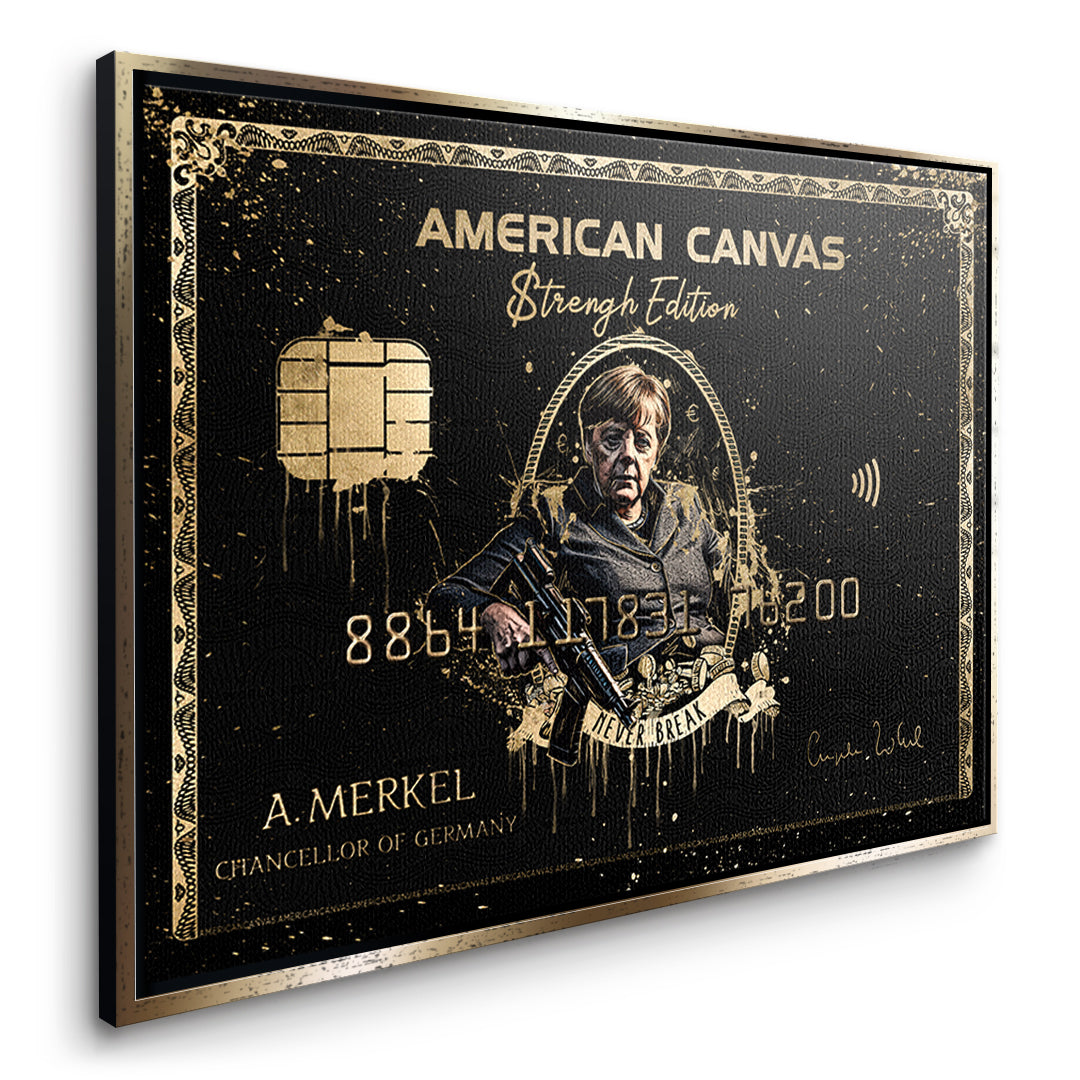 Seitenansicht des Leinwandbilds Royal American Canvas Angela Merkel im goldenen Rahmen