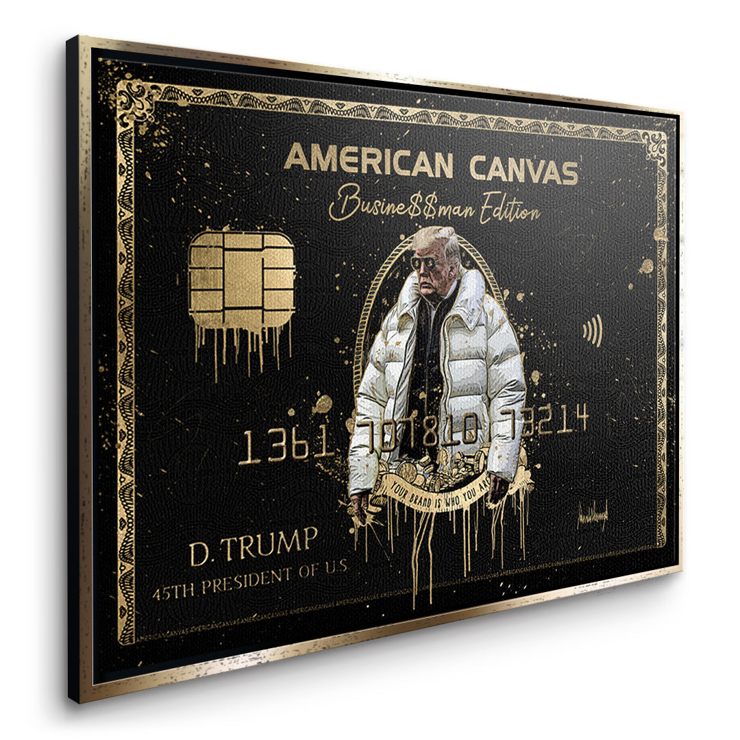 Seitenansicht des Leinwandbilds Royal American Canvas Trump im goldenen Rahmen