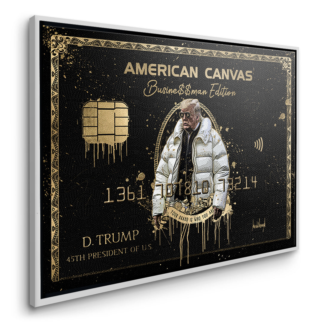 Seitenansicht des Leinwandbilds Royal American Canvas Trump im weißen Rahmen