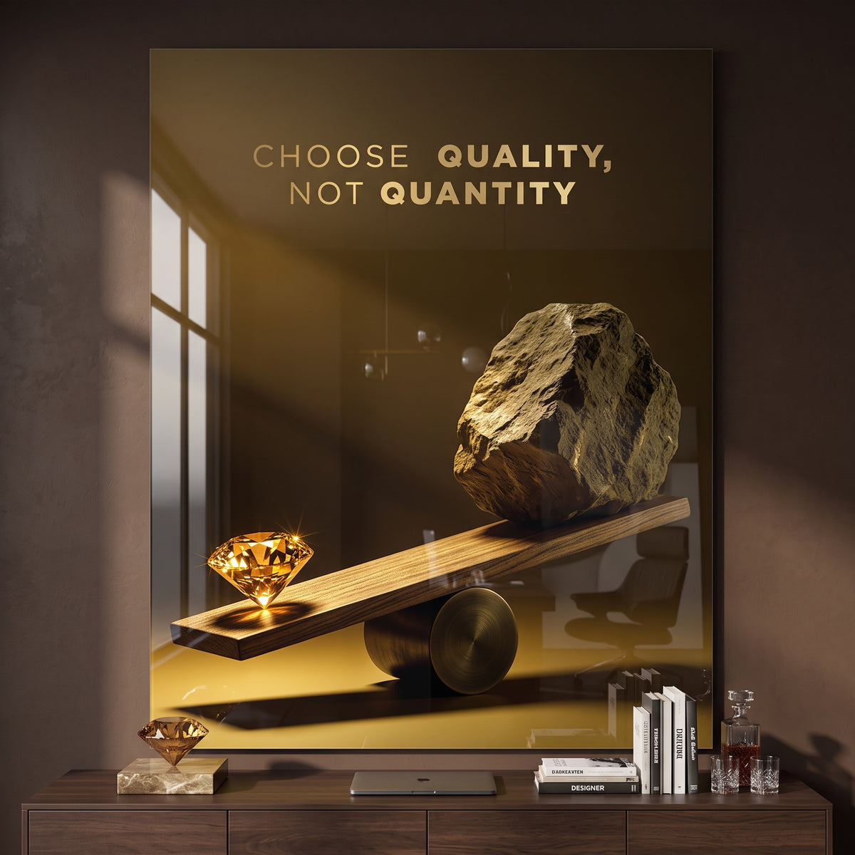 Acrylglasbild Choose Quality – Gold Edition an der Wand eines modernen Wohnraums