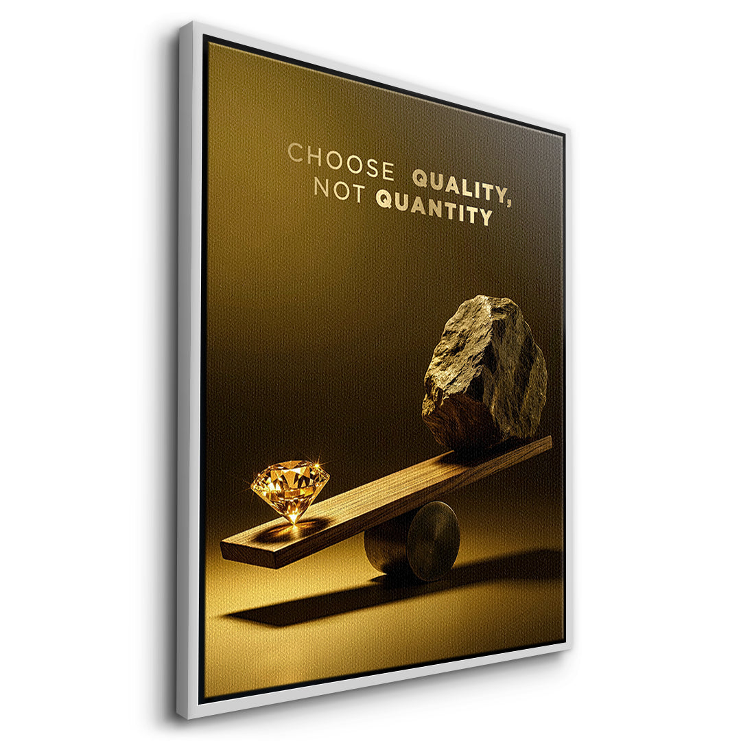 Seitenansicht des Leinwandbilds Choose Quality Gold Edition im weißen Rahmen