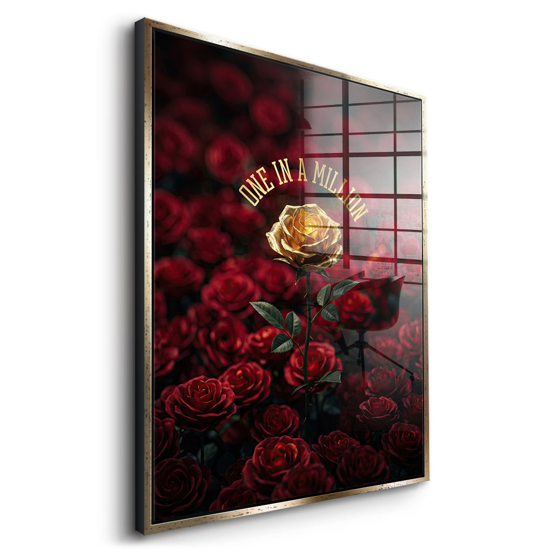 Seitenansicht des Acrylglasbilds One in a Million in Red im goldenen Rahmen