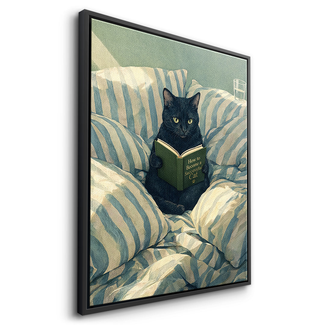 Seitenansicht des Leinwandbilds How to Become a Successful Cat im schwarzen Rahmen