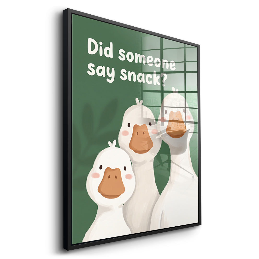 Seitenansicht des Acrylglasbilds Did someone say snack? im schwarzen Rahmen