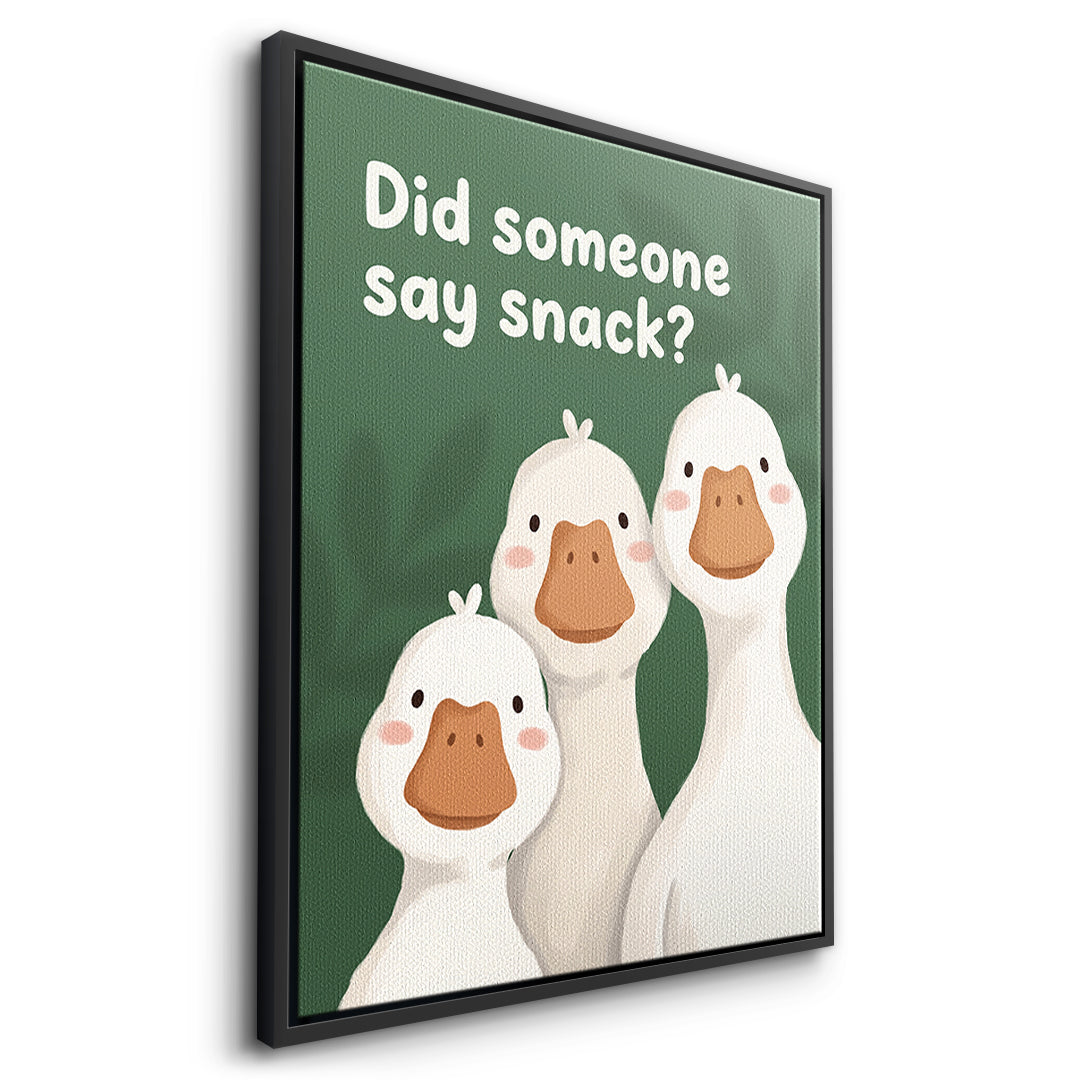 Seitenansicht des Leinwandbilds Did someone say snack? im schwarzen Rahmen