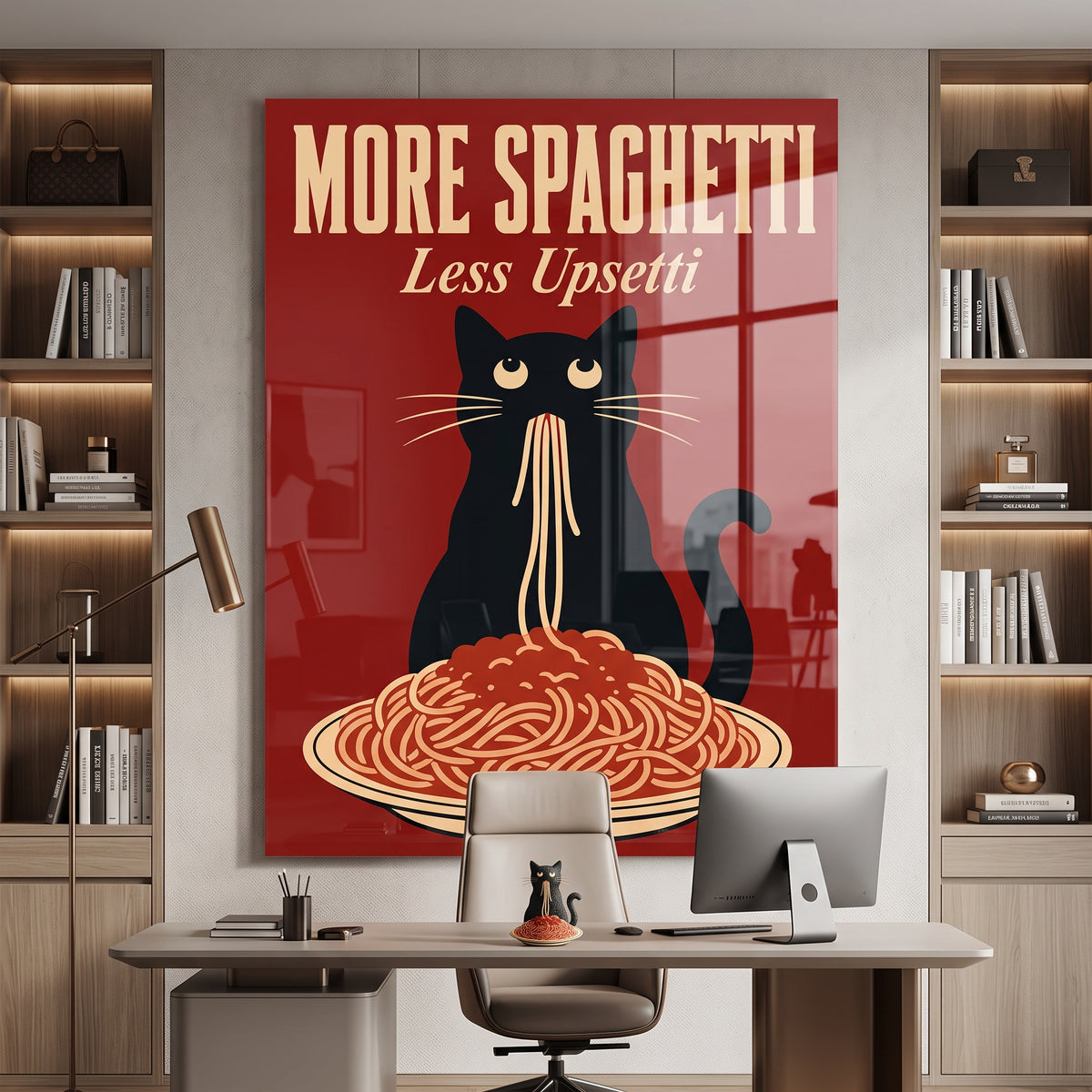 Acrylglasbild More Spaghetti Less Upsetti an der Wand eines modernen Wohnraums