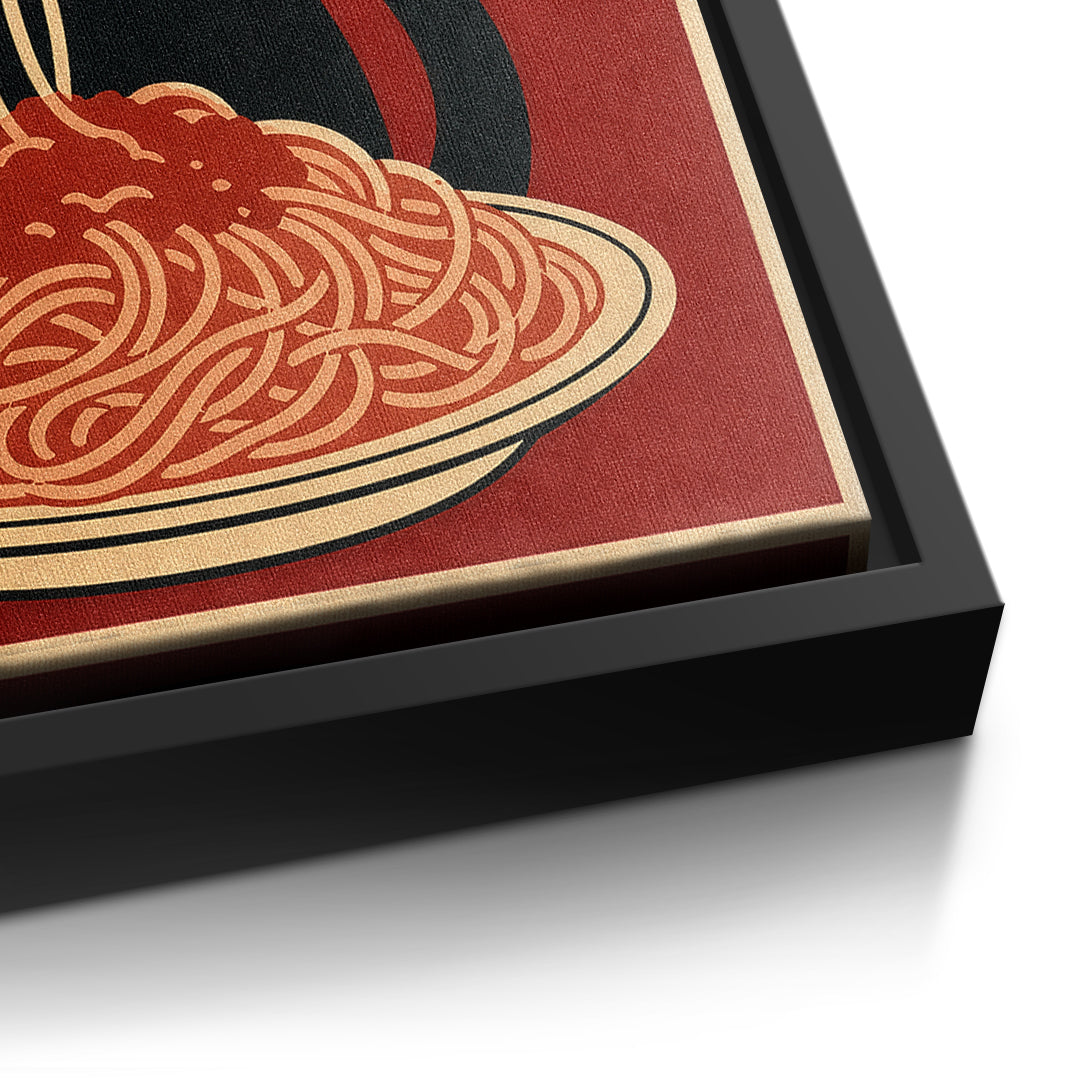 Detailaufnahme der Leinwandstruktur, More Spaghetti Less Upsetti im schwarzen Rahmen