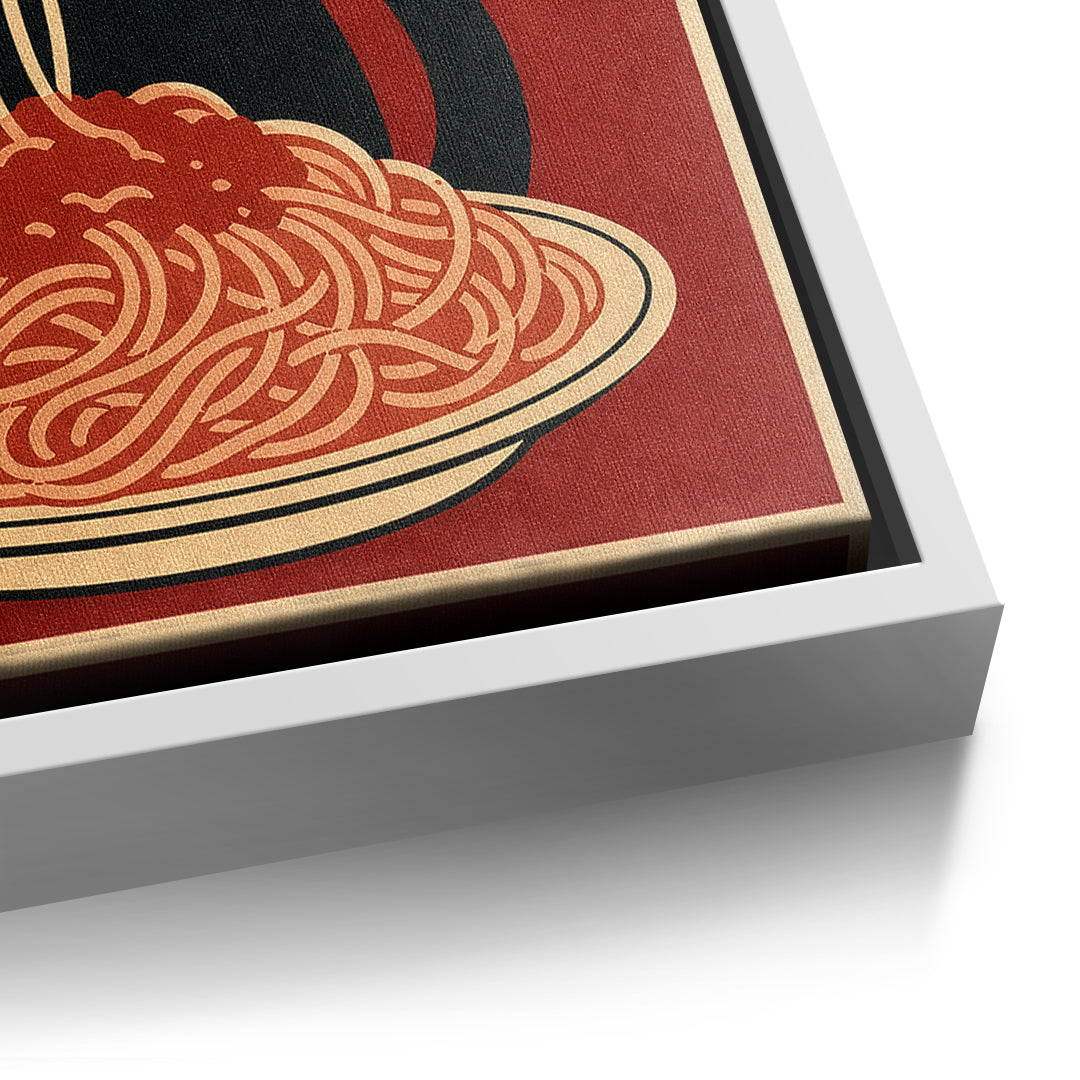 Detailaufnahme der Leinwandstruktur, More Spaghetti Less Upsetti im weißen Rahmen