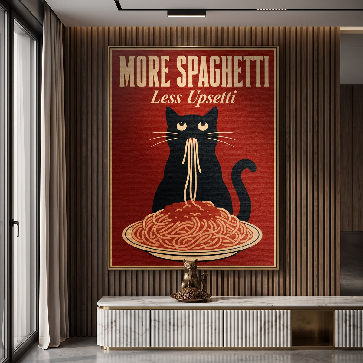 Leinwandbild More Spaghetti Less Upsetti an der Wand eines modernen Wohnraums