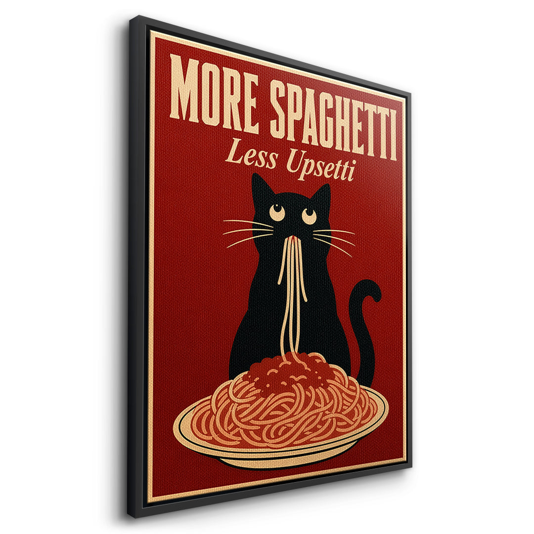 Seitenansicht des Leinwandbilds More Spaghetti Less Upsetti im schwarzen Rahmen