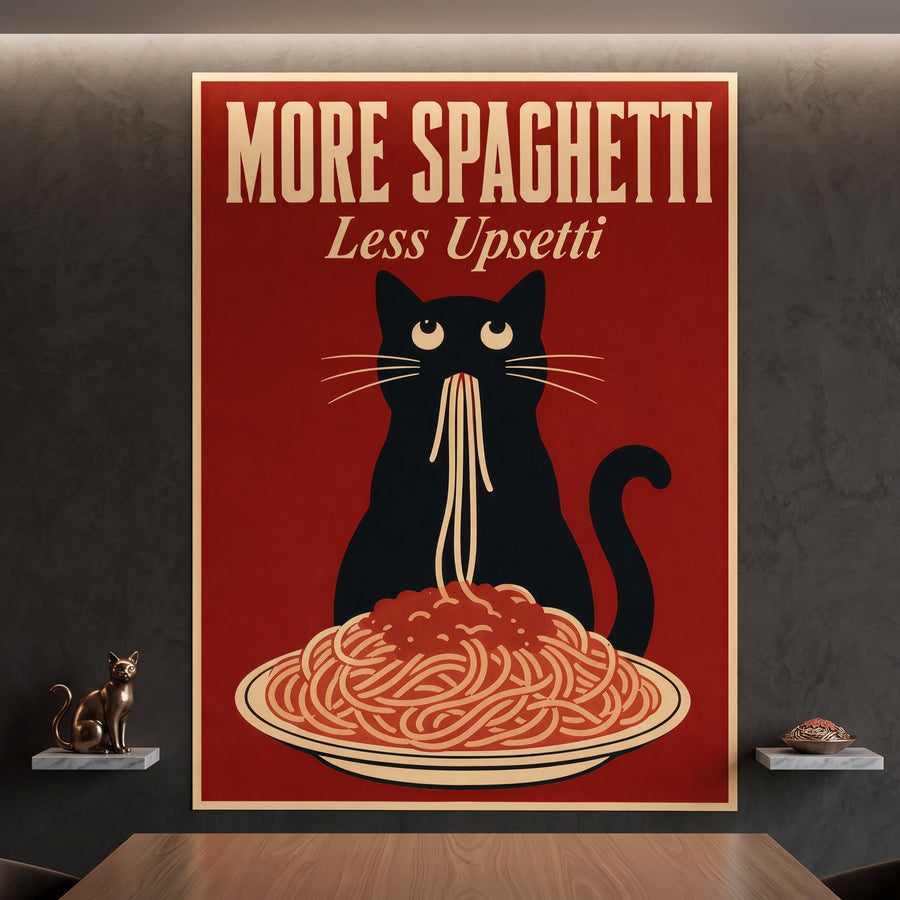 Poster More Spaghetti Less Upsetti an der Wand eines modernen Wohnraums