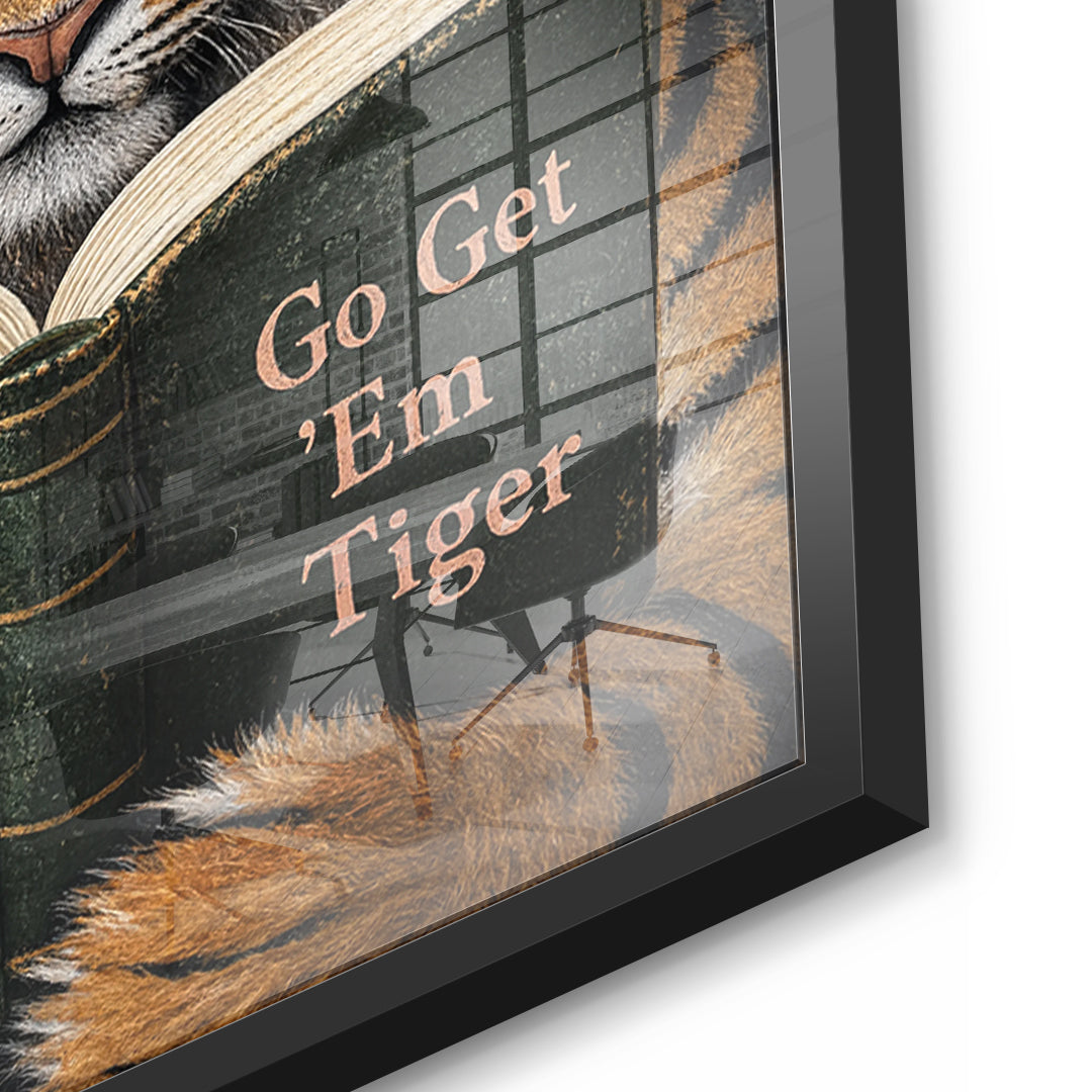 Detailaufnahme des 5mm Acrylglases, Go Get 'Em Tiger im schwarzen Rahmen