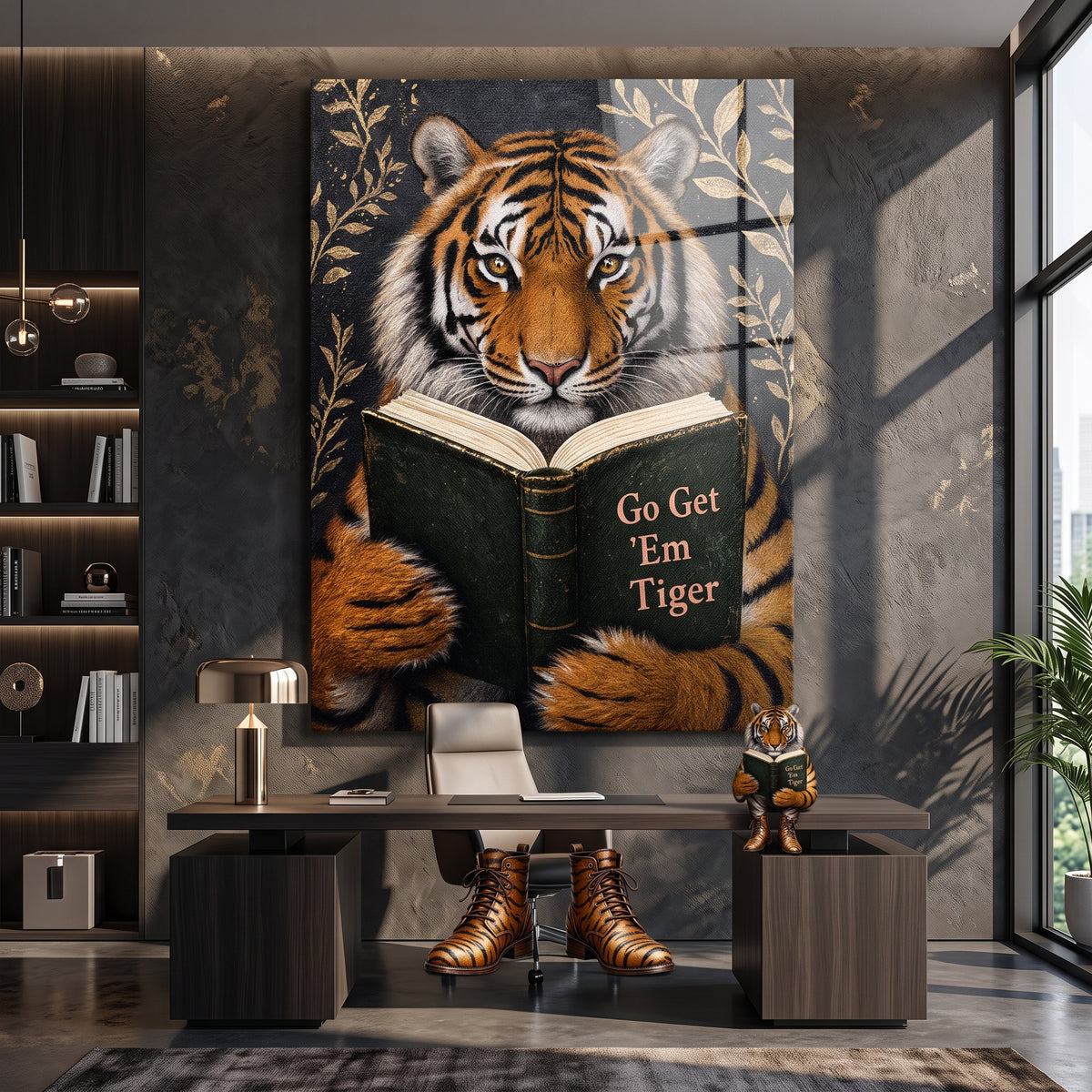 Acrylglasbild Go Get 'Em Tiger an der Wand eines modernen Wohnraums