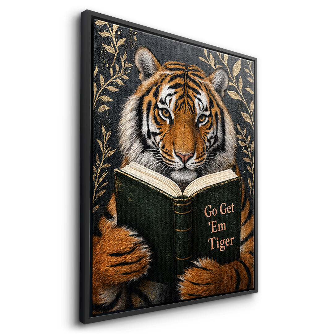 Seitenansicht des Leinwandbilds Go Get 'Em Tiger im schwarzen Rahmen