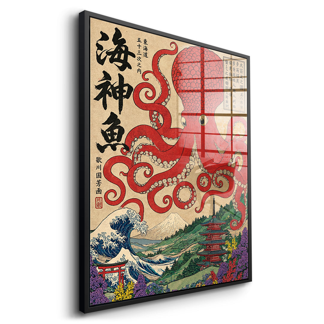 Seitenansicht des Acrylglasbilds Sea God Octopus im schwarzen Rahmen