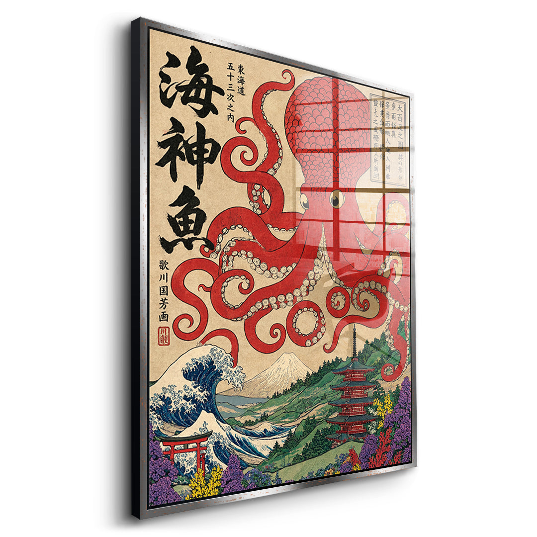 Seitenansicht des Acrylglasbilds Sea God Octopus im silbernen Rahmen