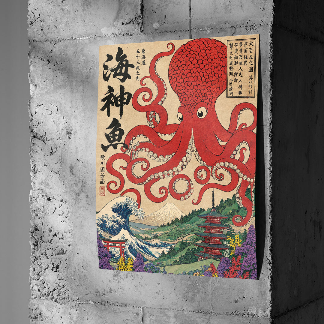 Poster Sea God Octopus an einer Betonwand