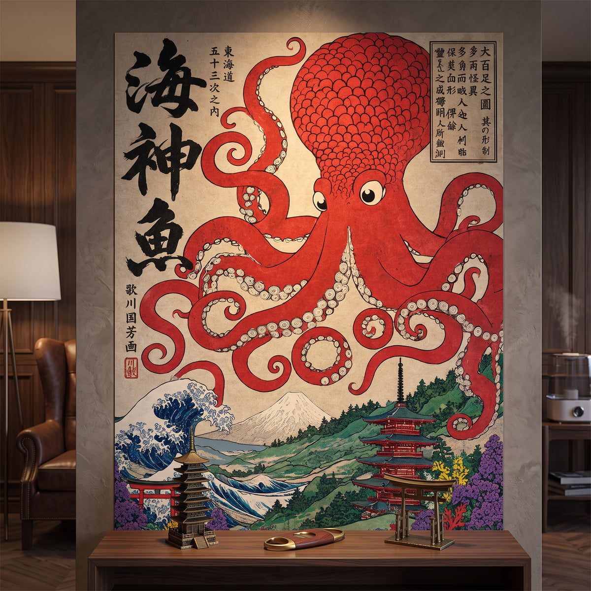 Poster Sea God Octopus an der Wand eines modernen Wohnraums