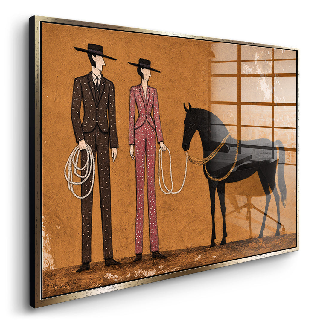 Seitenansicht des Acrylglasbilds Cowboy & Horse im goldenen Rahmen