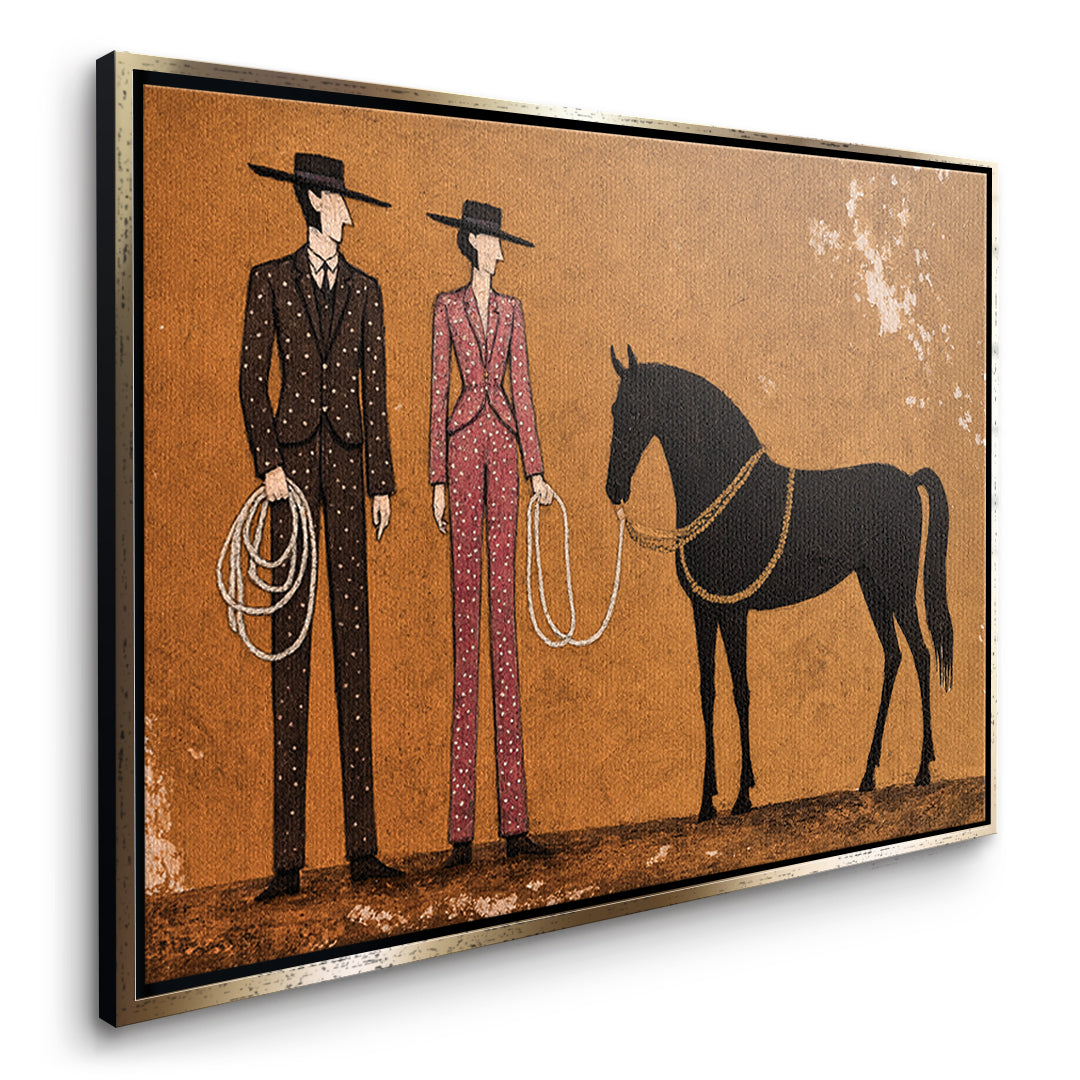 Seitenansicht des Leinwandbilds Cowboy & Horse im goldenen Rahmen