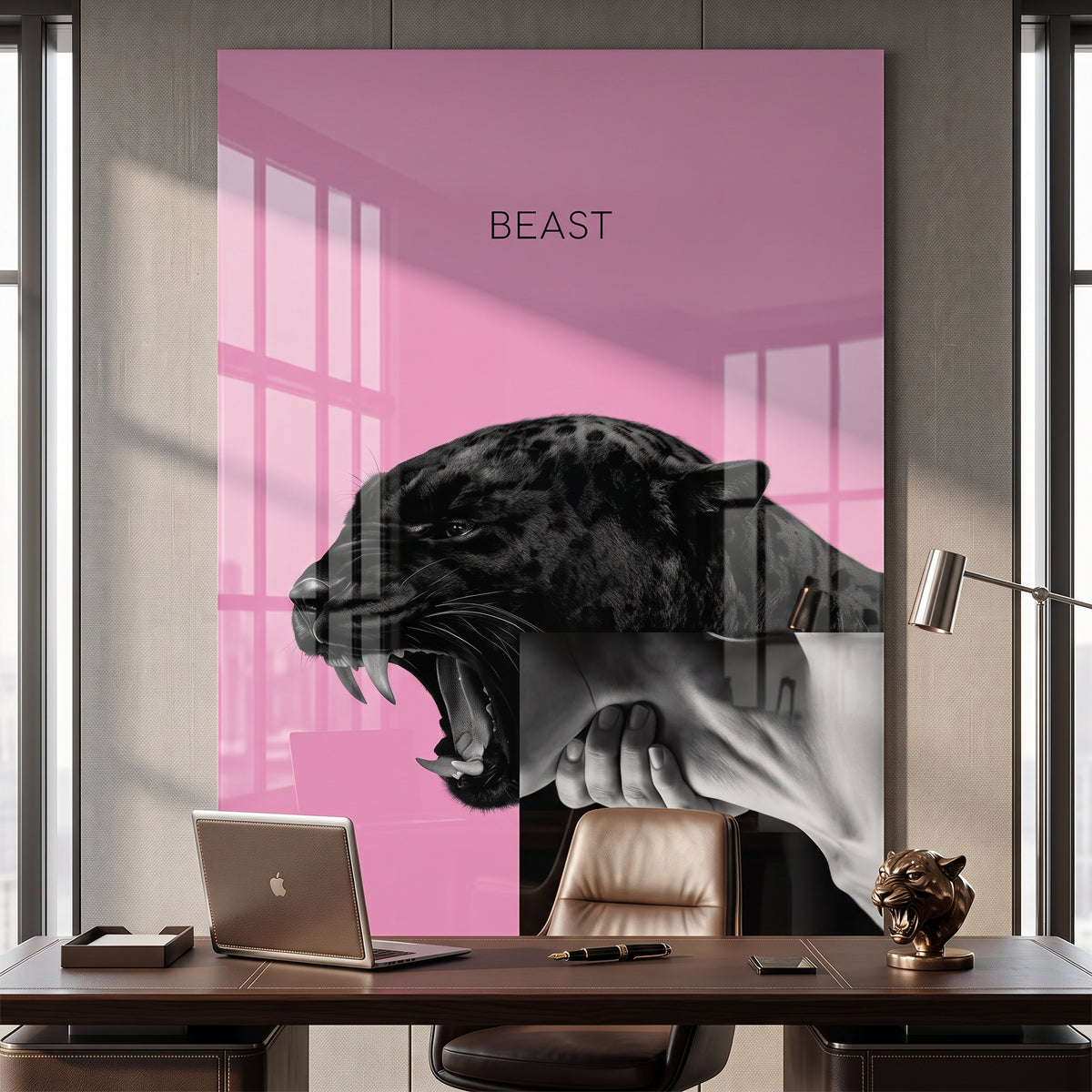 Acrylglasbild Beast Pink an der Wand eines modernen Wohnraums