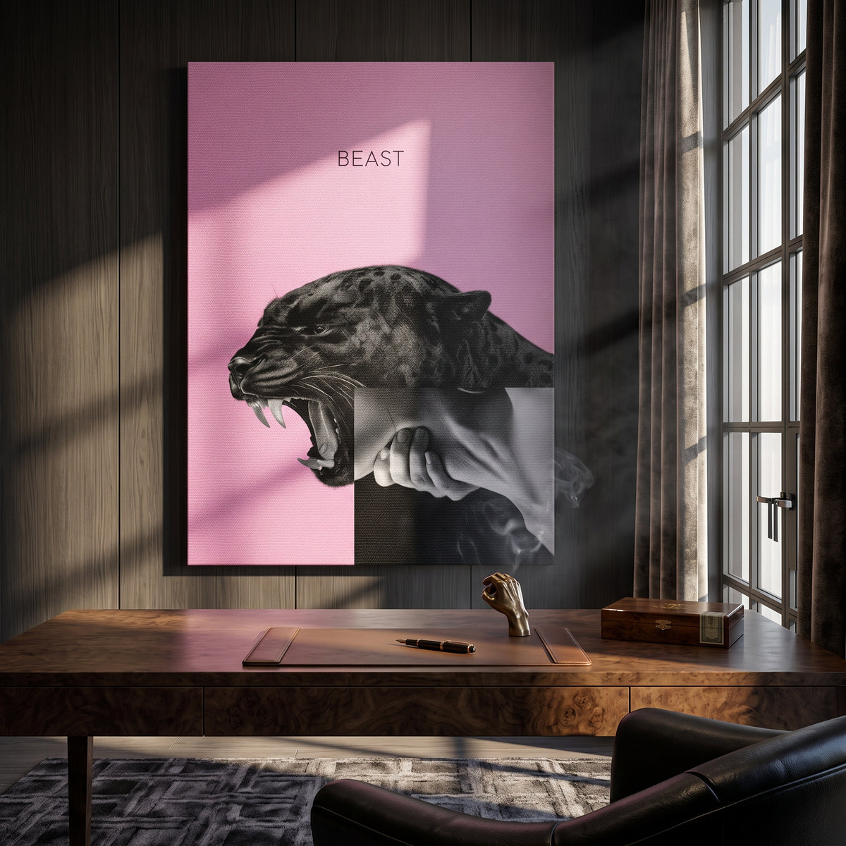 Leinwandbild Beast Pink an der Wand eines modernen Wohnraums