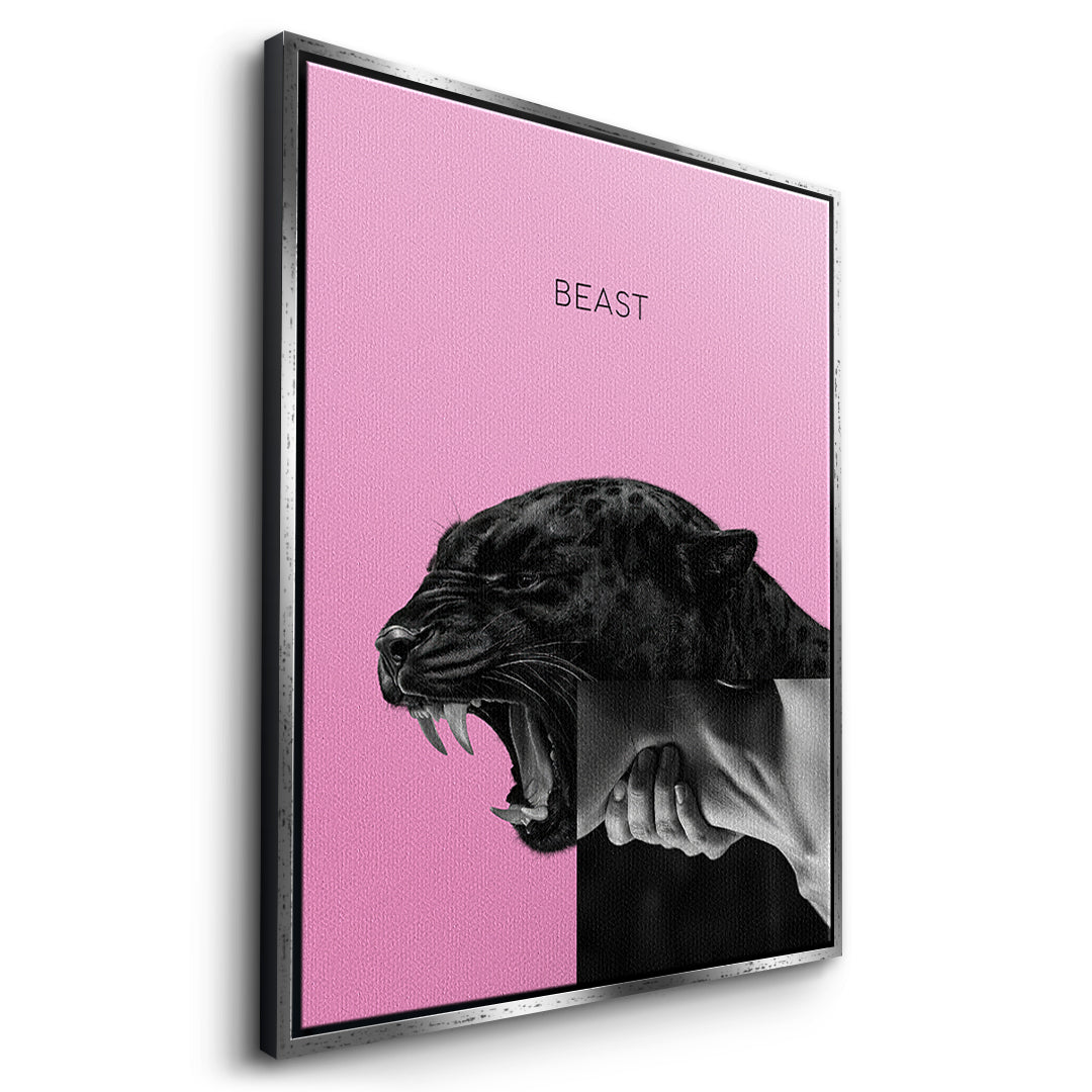 Seitenansicht des Leinwandbilds Beast Pink im silbernen Rahmen