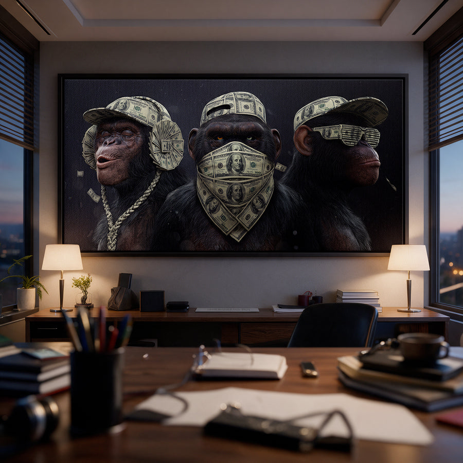 Leinwandbild Three Wise Monkeys an der Wand eines modernen Wohnraums