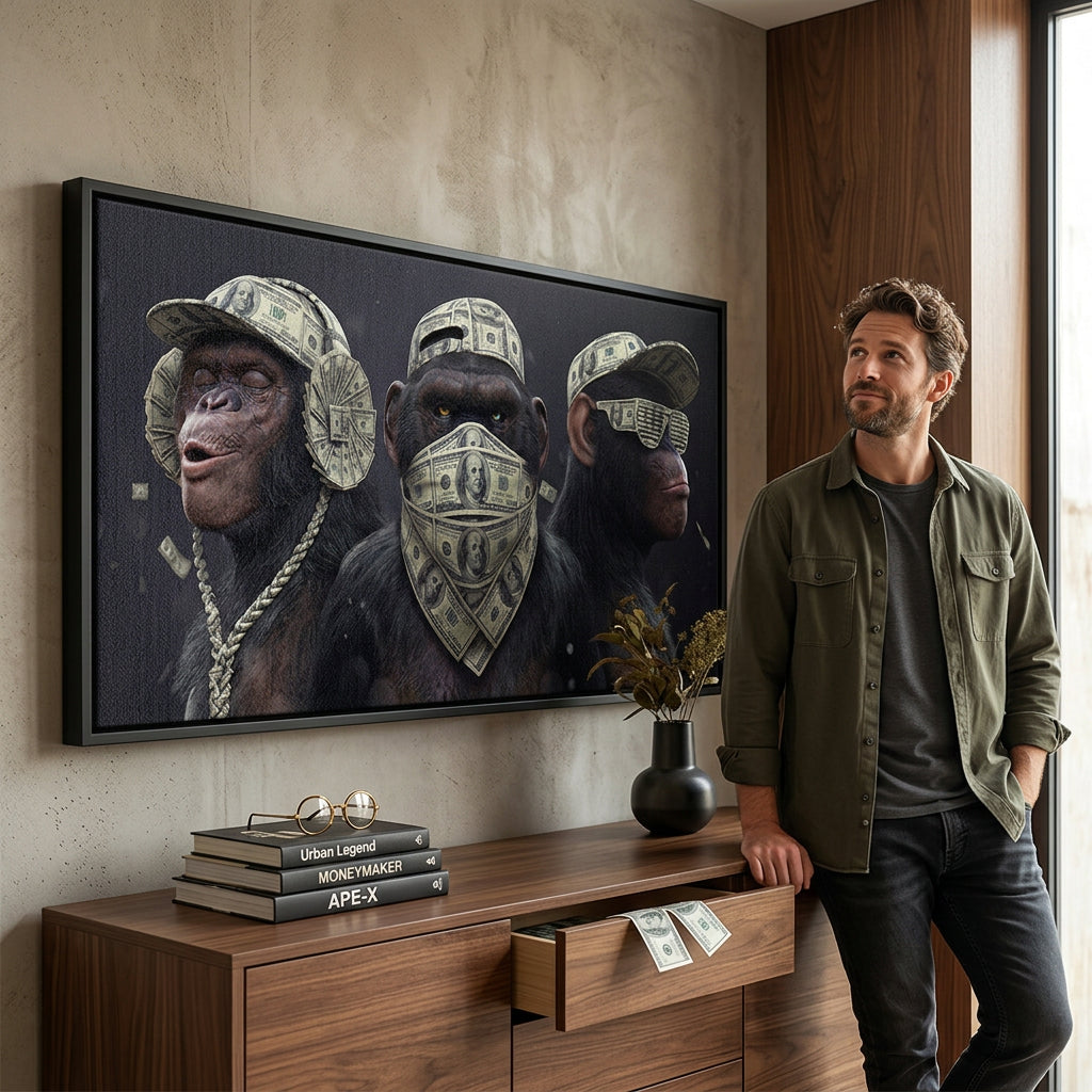 Leinwandbild Three Wise Monkeys an der Wand eines modernen Wohnraums