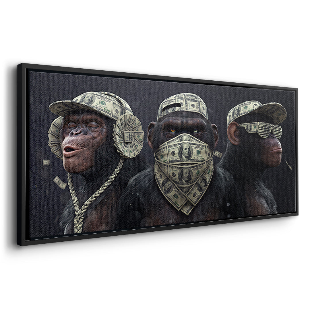 Seitenansicht des Leinwandbilds Three Wise Monkeys im schwarzen Rahmen