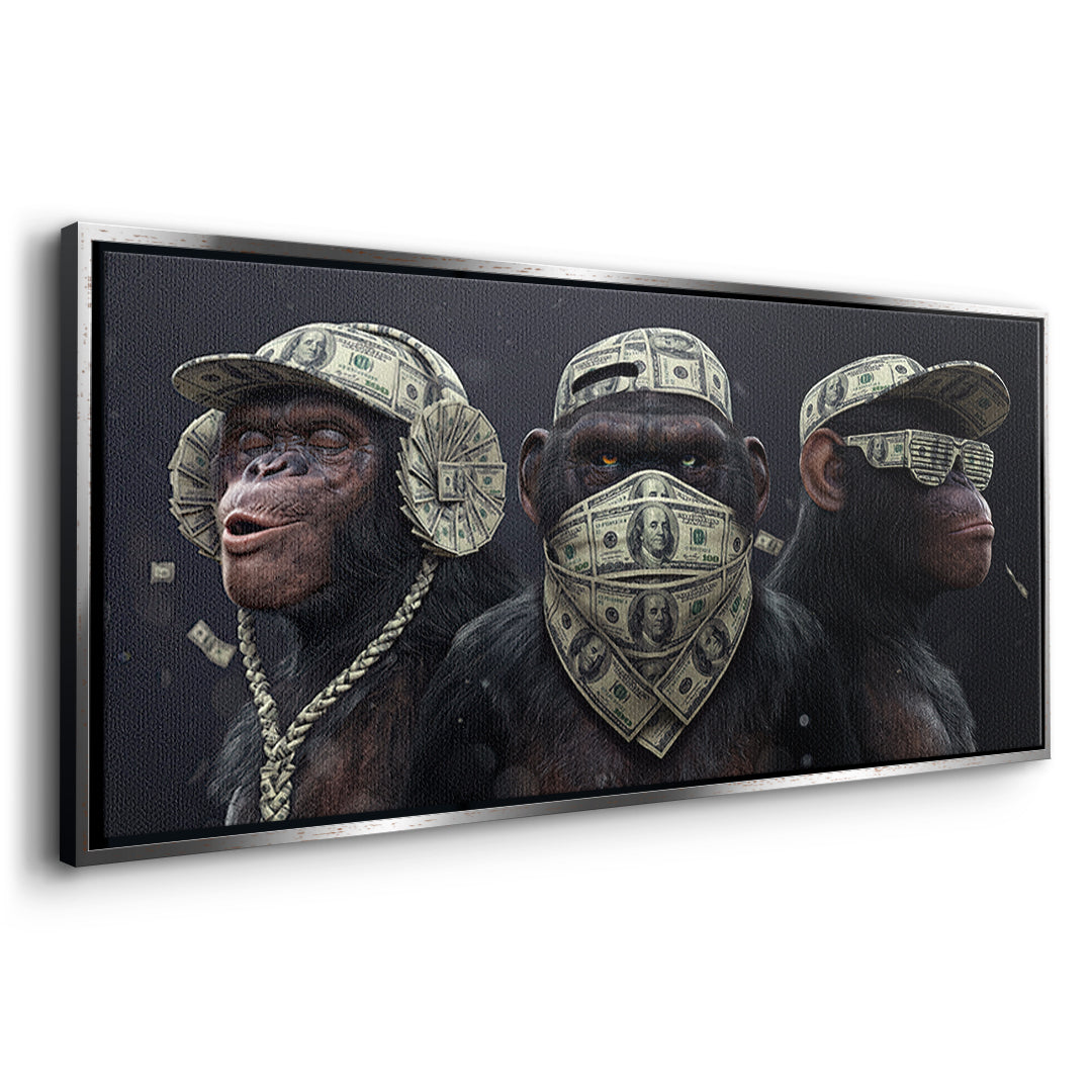 Seitenansicht des Leinwandbilds Three Wise Monkeys im silbernen Rahmen
