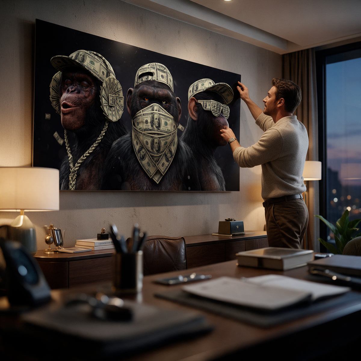 Poster Three Wise Monkeys an der Wand eines modernen Wohnraums