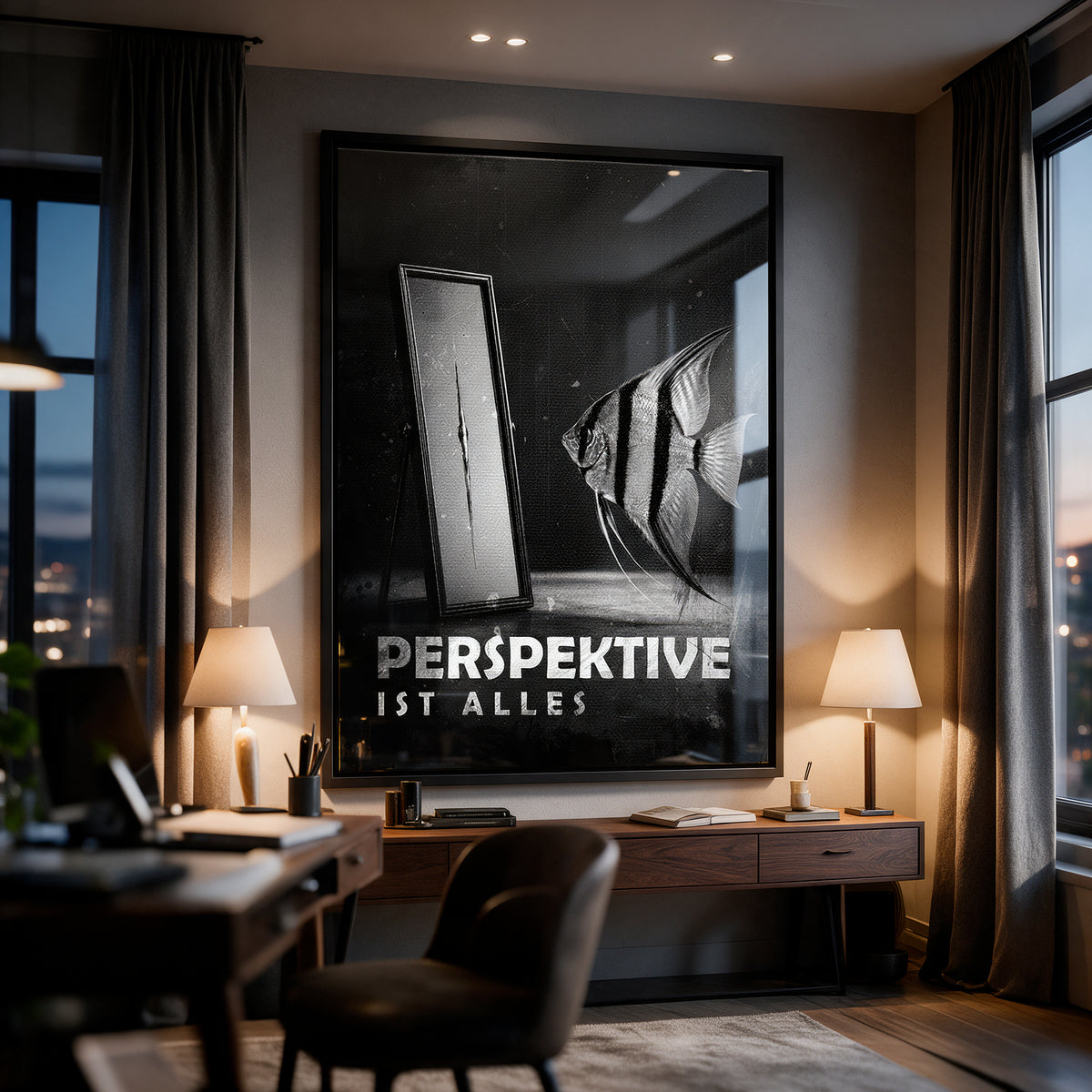 Acrylglasbild Perspective Is Everything (Deutsch) an der Wand eines modernen Wohnraums, zweite Ansicht