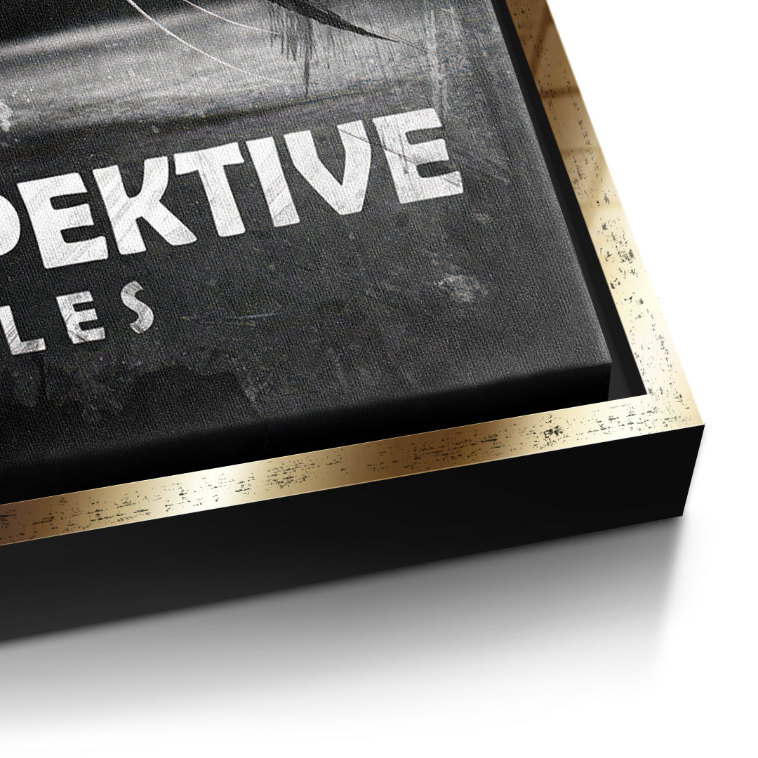 Detailaufnahme der Leinwandstruktur, Perspective Is Everything (Deutsch) im goldenen Rahmen