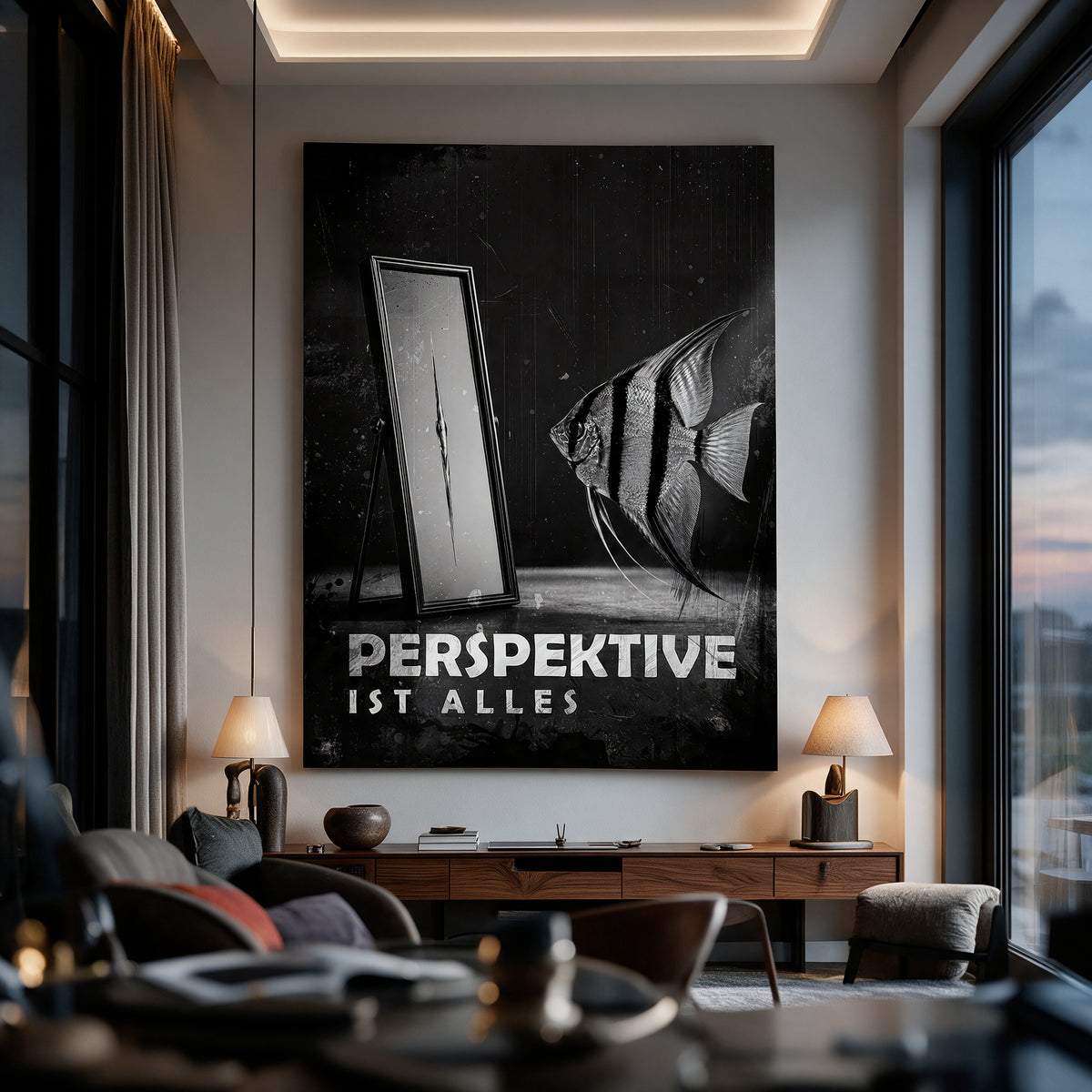 Poster Perspective Is Everything (Deutsch) an der Wand eines modernen Wohnraums