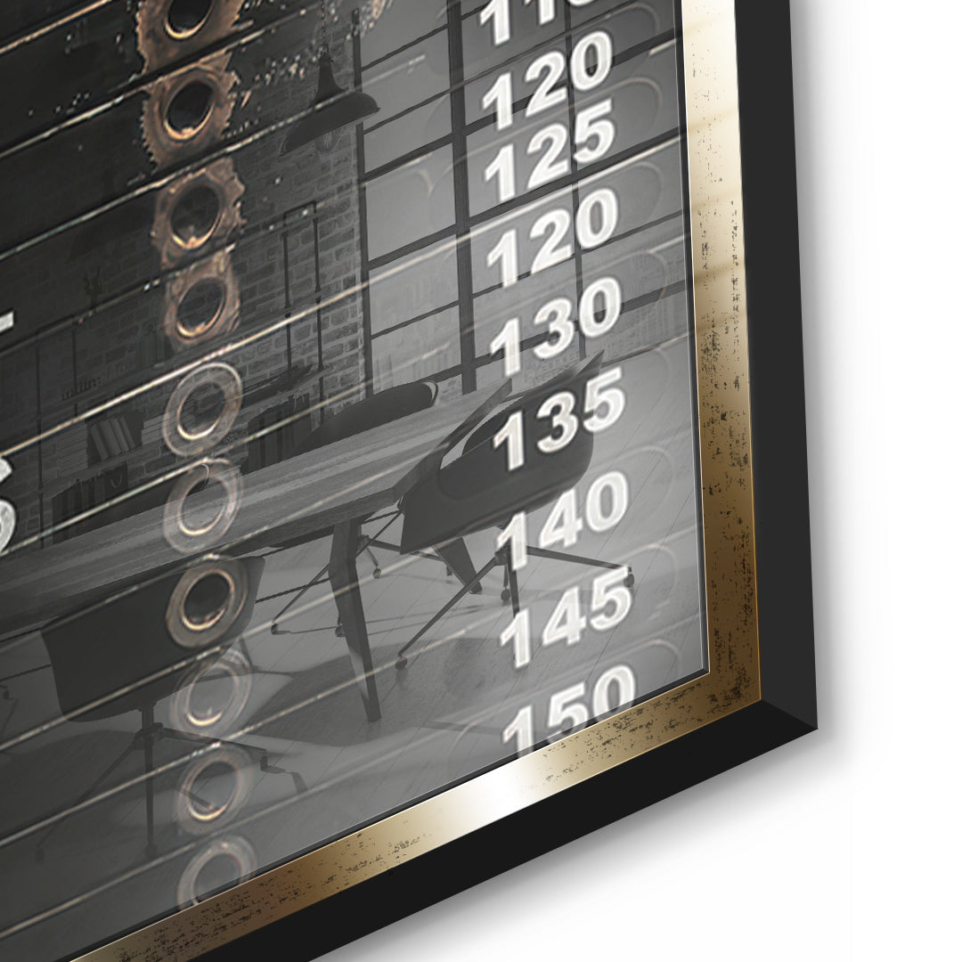 Detailaufnahme des 5mm Acrylglases, Weight Filter im goldenen Rahmen