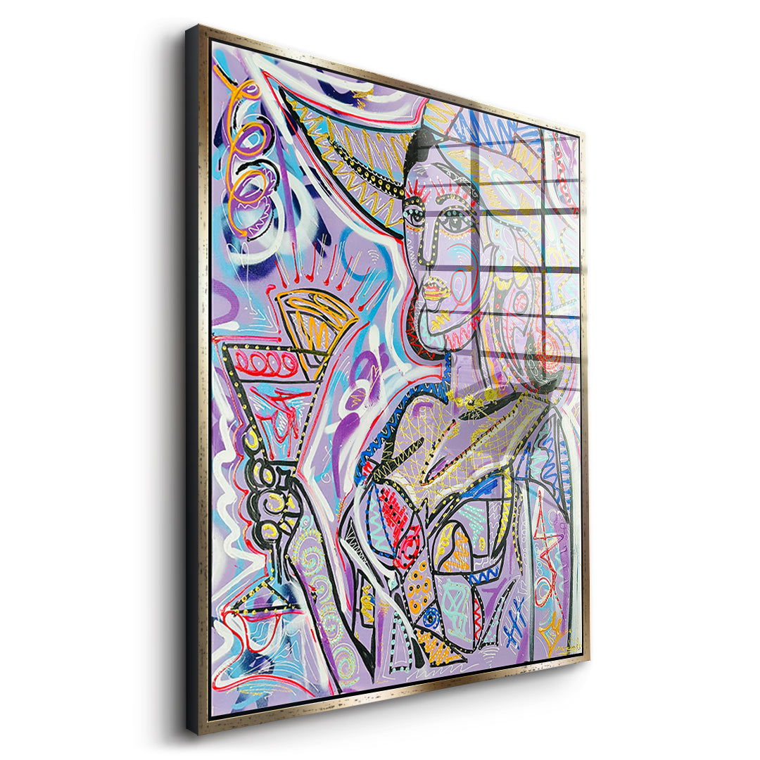 Seitenansicht des Acrylglasbilds Cubist Cocktail Hour im goldenen Rahmen