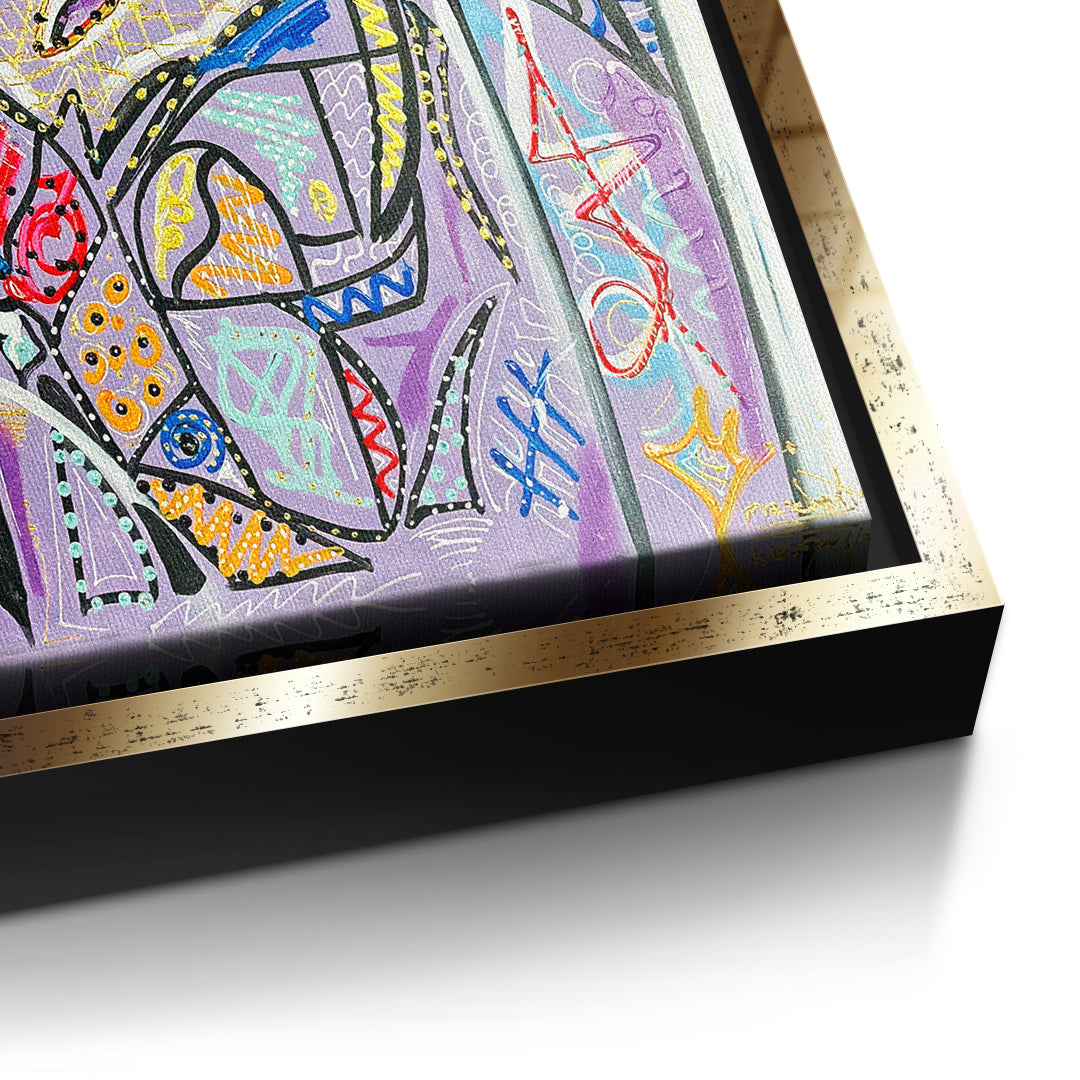 Detailaufnahme der Leinwandstruktur, Cubist Cocktail Hour im goldenen Rahmen