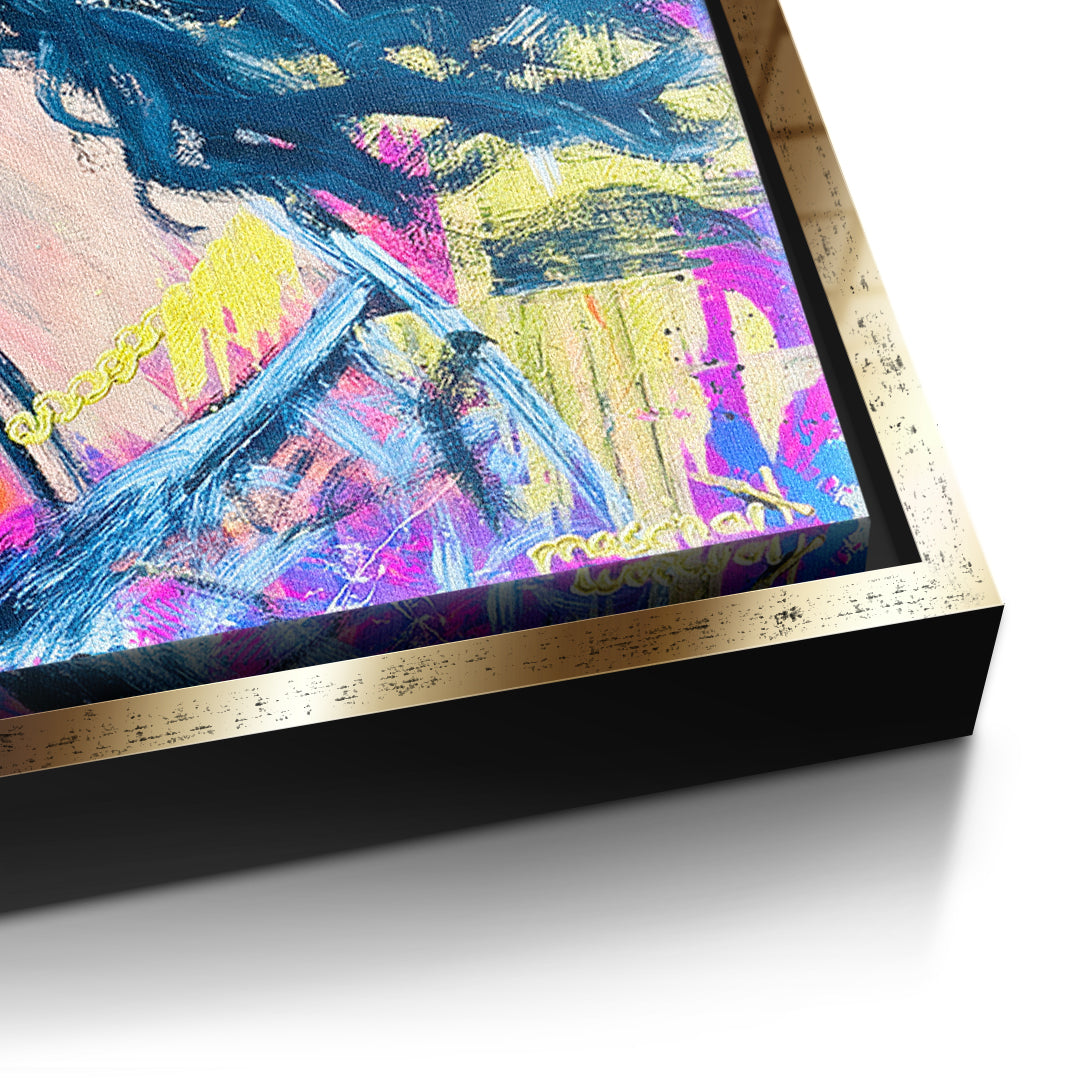 Detailaufnahme der Leinwandstruktur, Midnight Waves im goldenen Rahmen