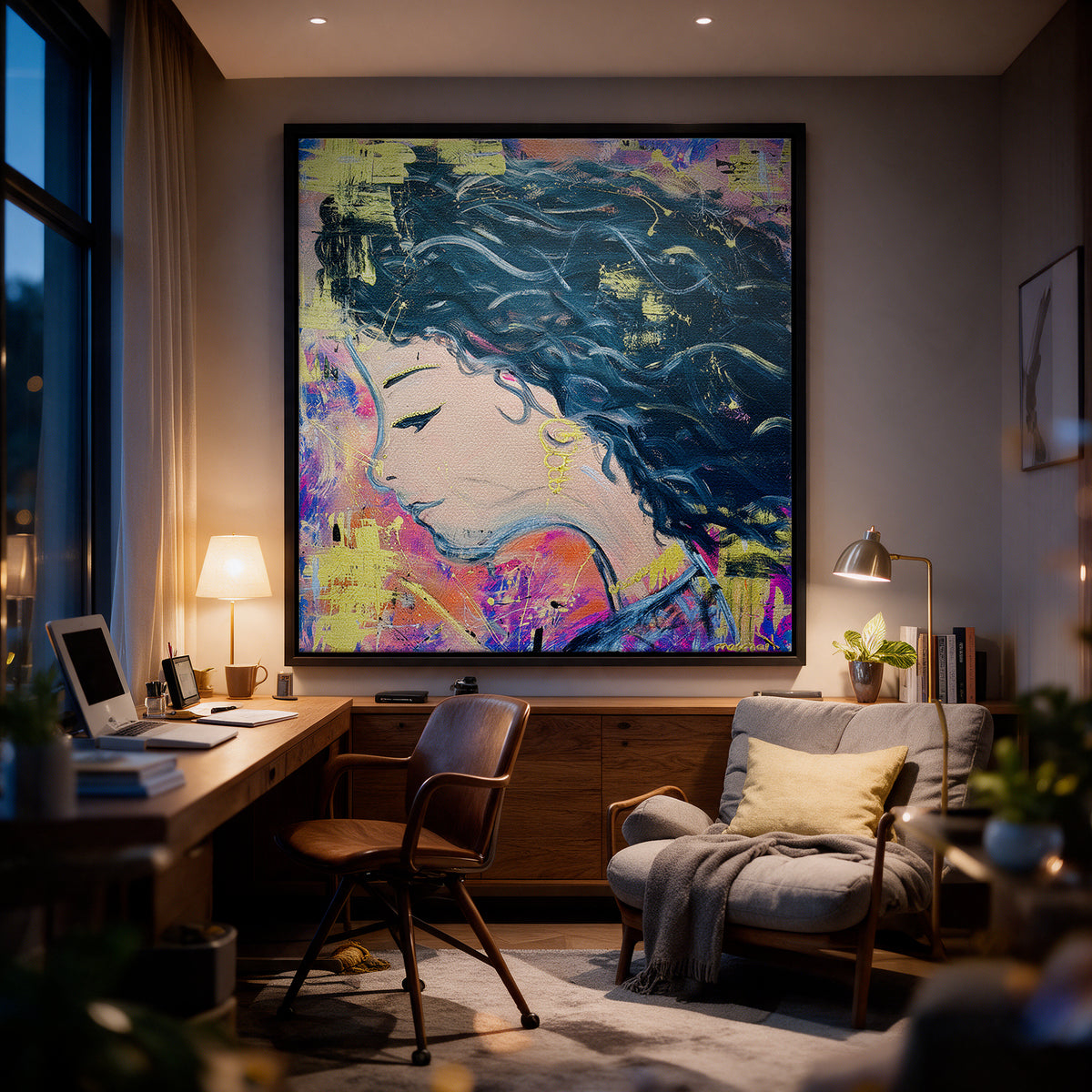 Leinwandbild Midnight Waves an der Wand eines modernen Wohnraums, zweite Ansicht