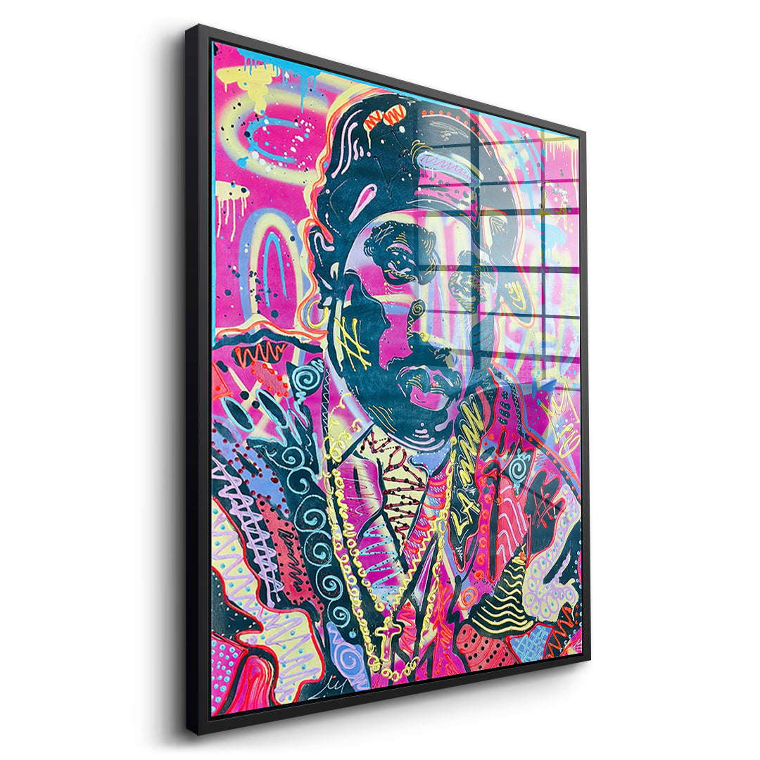 Seitenansicht des Acrylglasbilds Neon Gentleman im schwarzen Rahmen