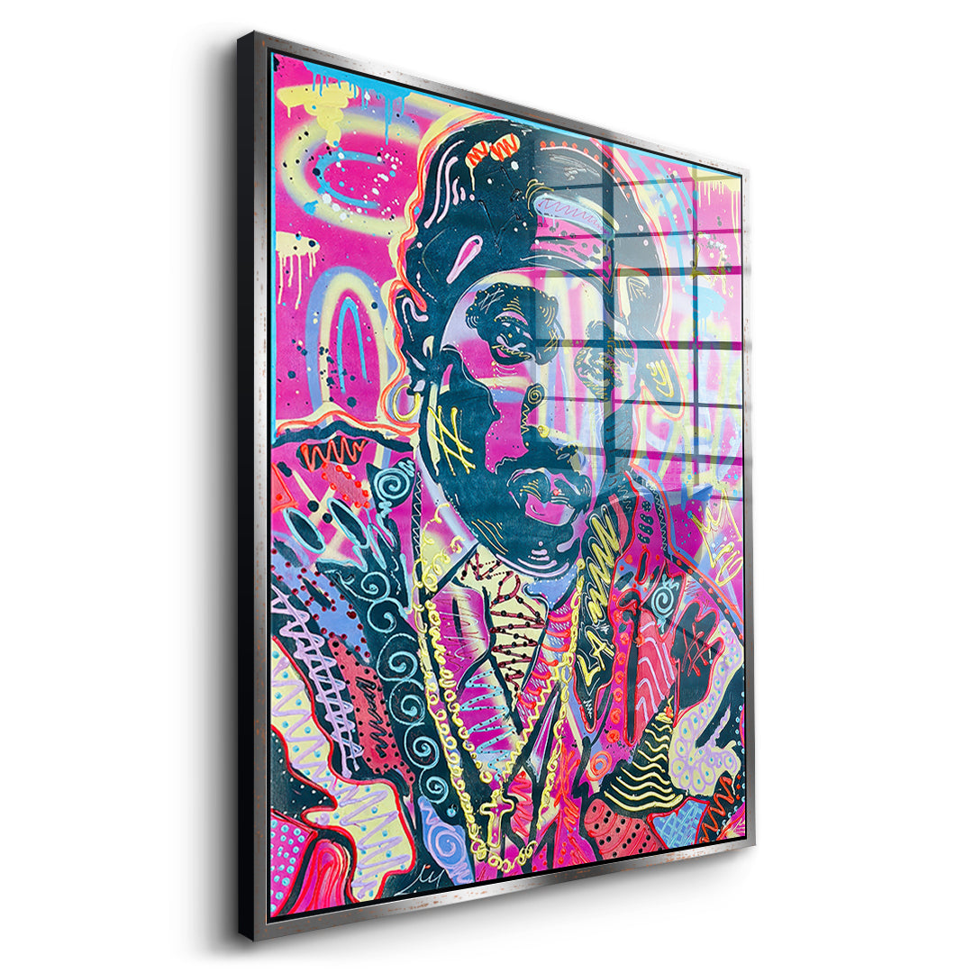 Seitenansicht des Acrylglasbilds Neon Gentleman im silbernen Rahmen