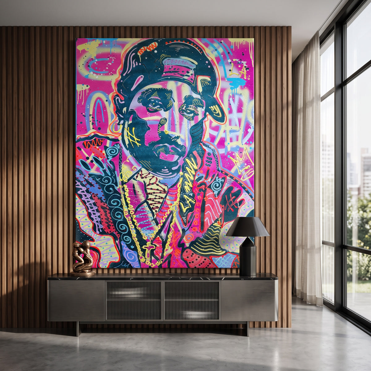 Leinwandbild Neon Gentleman an der Wand eines modernen Wohnraums