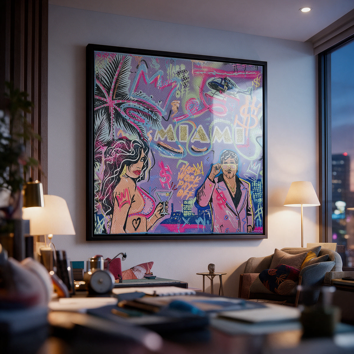 Acrylglasbild Miami Money an der Wand eines modernen Wohnraums