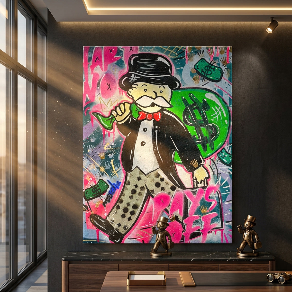 Leinwandbild Money Bags an der Wand eines modernen Wohnraums