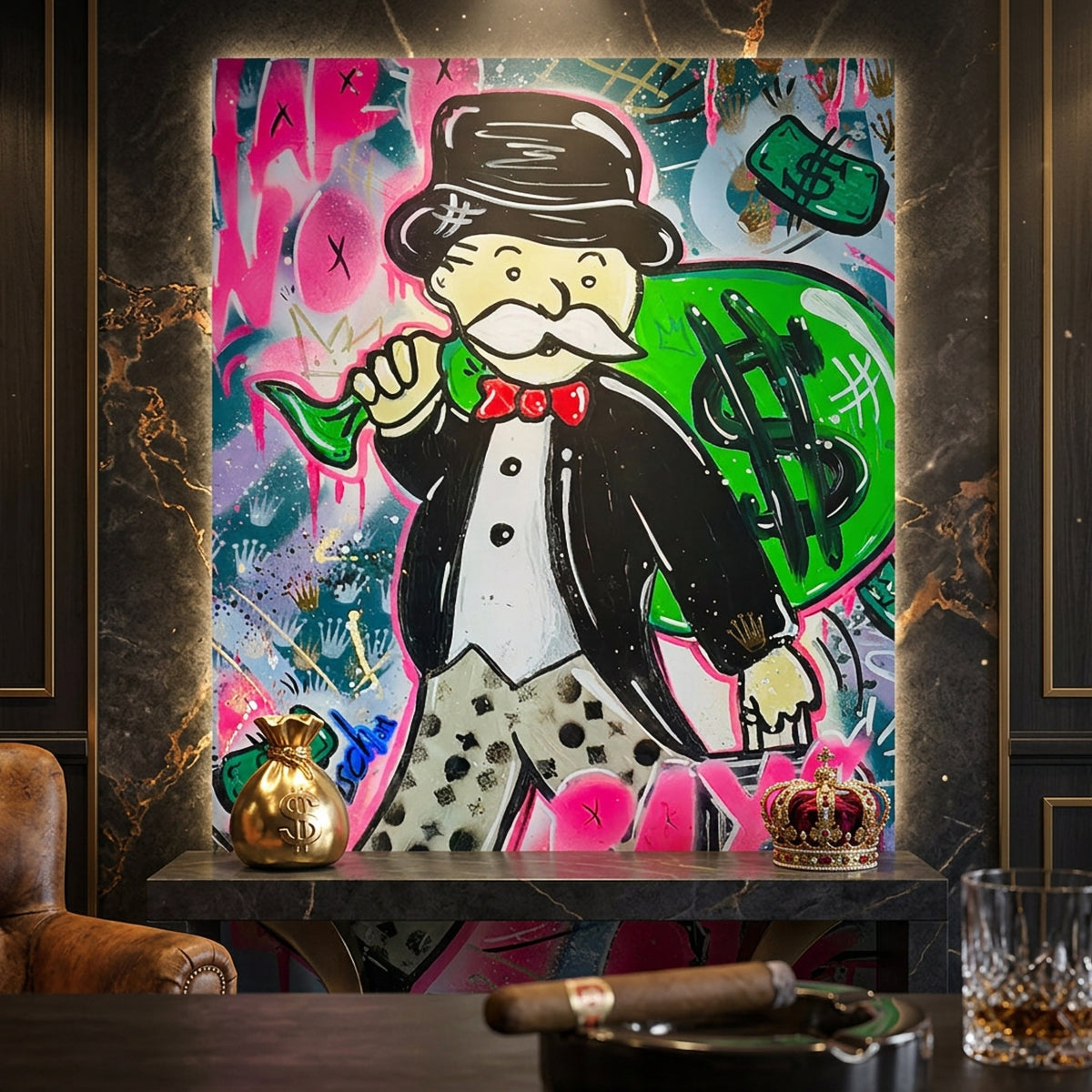 Poster Money Bags an der Wand eines modernen Wohnraums