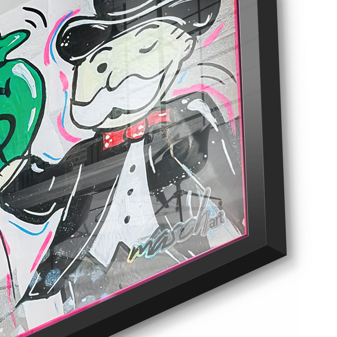 Detailaufnahme des 5mm Acrylglases, Money Talks im schwarzen Rahmen