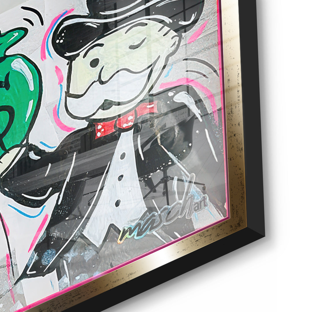 Detailaufnahme des 5mm Acrylglases, Money Talks im goldenen Rahmen