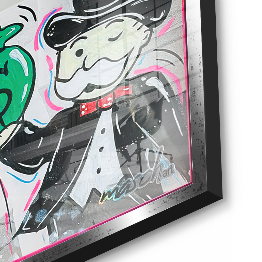 Detailaufnahme des 5mm Acrylglases, Money Talks im silbernen Rahmen