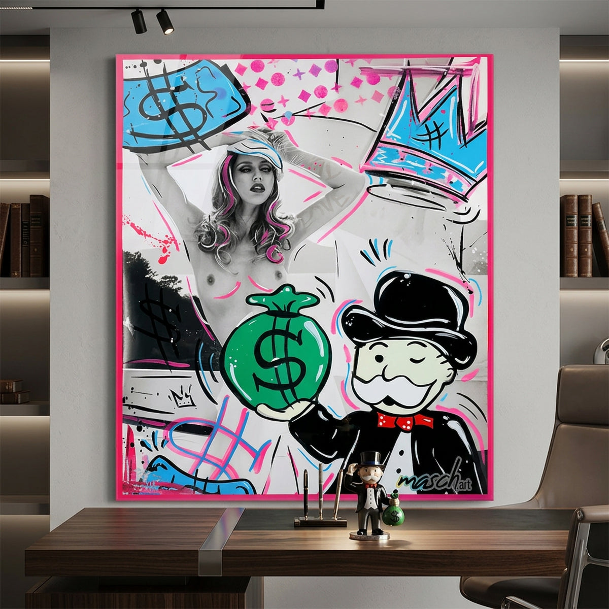 Acrylglasbild Money Talks an der Wand eines modernen Wohnraums